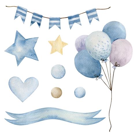 Premium Photo | Set of watercolor illustrations, holiday flags, stars, hearts, balls, circle ...