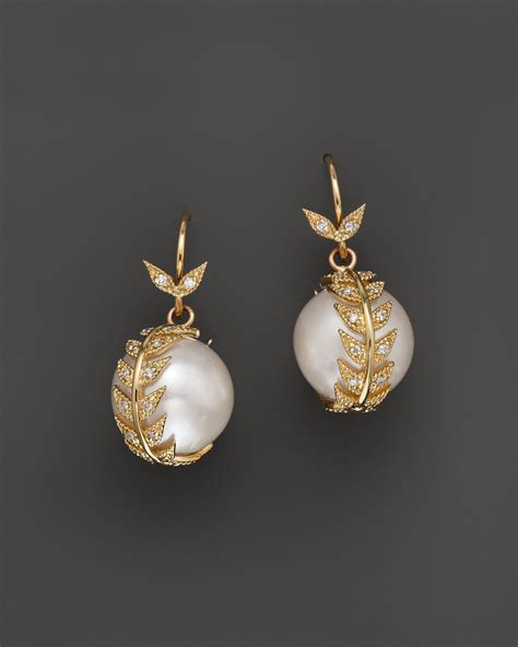 Mizuki 14k Yellow Gold Eternity Feather Diamond And Cultured Freshwater Pearl Earrings in ...