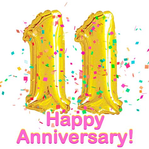 Happy Anniversary! Gold Number 11 Balloons and Confetti GIF. | Funimada.com