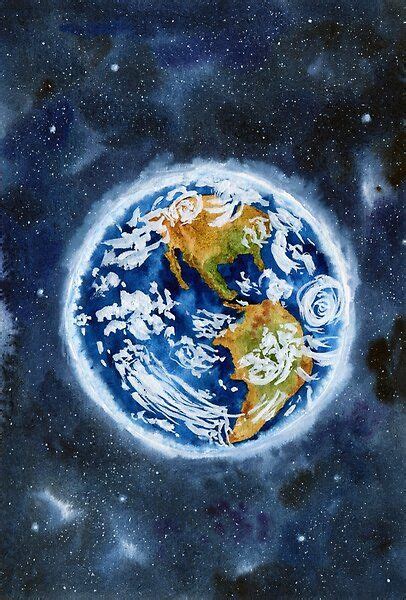 Earth Planet From Space With Stars Painting Design in Watercolor.