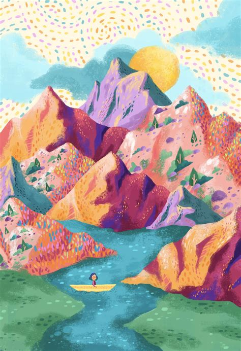 a painting of mountains and a river in the foreground, with a person on ...