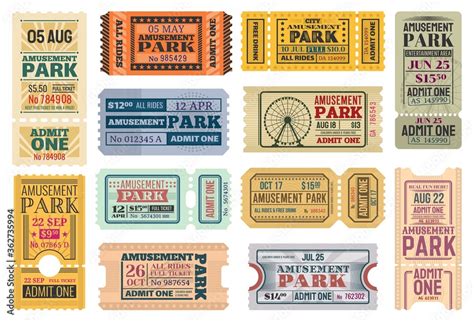 Tickets to amusement park, funfair carnival vector vintage admit ...