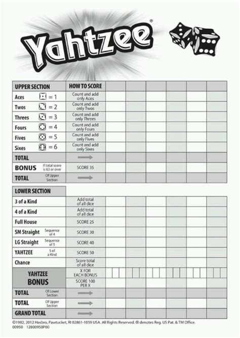 Yahtzee Score Card - 2012