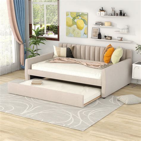 Full Size Daybed, Upholstered Daybed with Trundle, Wood Slat Support ...