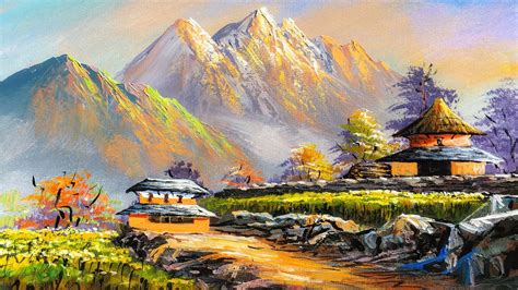 VILLAGE PAINTING | Acrylic Landscape Painting in Time-lapse | Old Village Houses | Nepali ...