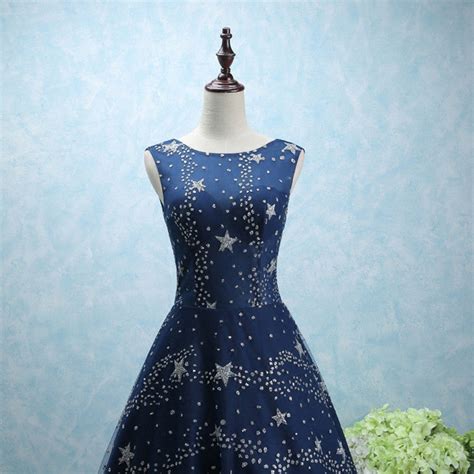 Glitter Stars Sequins Long Tulle Navy Blue Party Dress With Cap Sleeve – alinanova