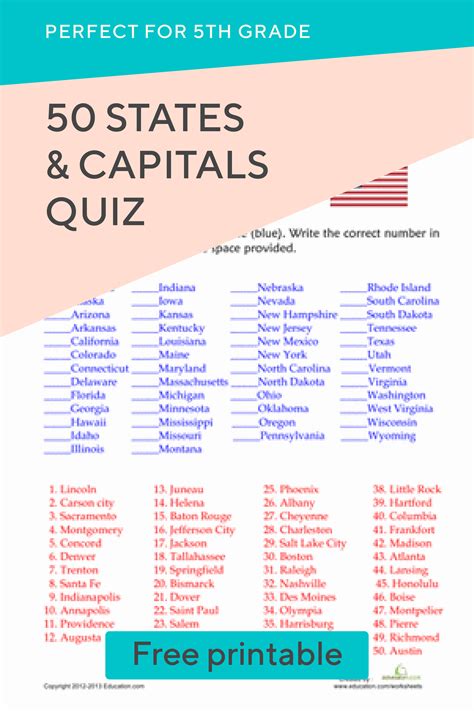 50 States and Capitals Quiz | Worksheet