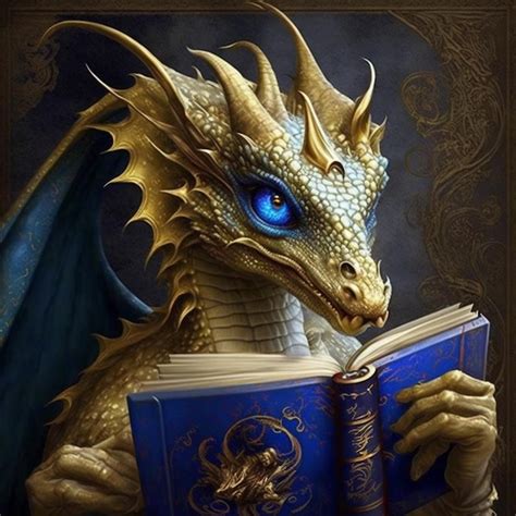 Premium AI Image | A dragon reading a book with blue eyes and a gold dragon reading a book.