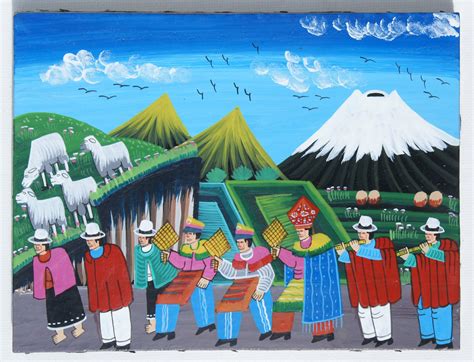 Indians of Ecuador Painting Artwork on Sheepskin Called Tigua Art Ecuador - $29.95 USD - GlobeBids