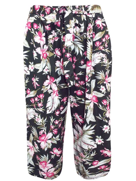 Y0URS - - Yours BLACK Tapered Crop Floral Belted Trousers - Plus Size 18 to 30/32