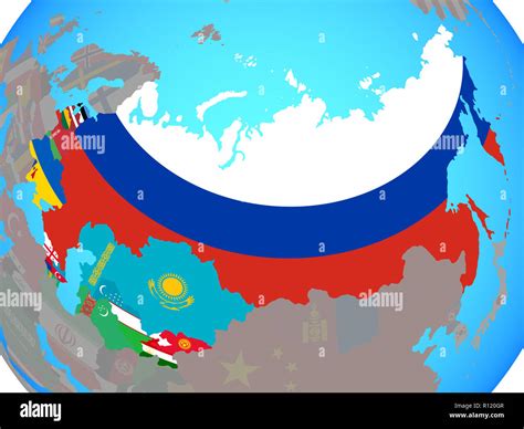 Former Soviet Union with national flags on blue political globe. 3D ...