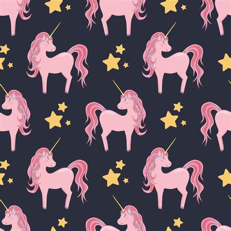 patrón impecable con lindos unicornios rosas y estrellas, sobre un fondo oscuro. para textiles ...