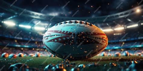 Premium AI Image | Rugby ball on stadium pitch at night with fuzzy ...