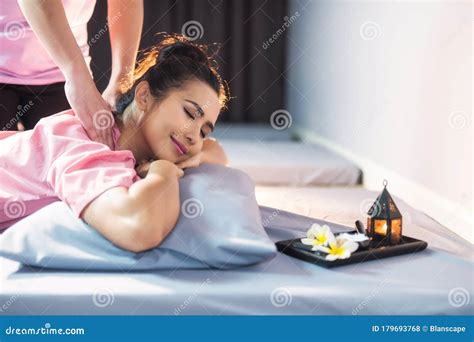 Thai massage on bed in spa stock photo. Image of aroma - 179693768