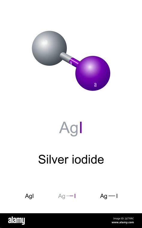 Silver iodide, chemical formula and structure. Inorganic compound with the formula AgI. Highly ...