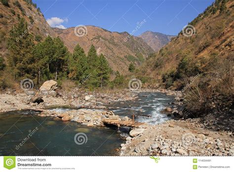 Simple Timber Bridge and Langtang Khola, River in Nepal. Stock Image - Image of national, asia ...