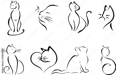 Cat Drawing Silhouette Set. Cats Line Art Hand Drawn Style, Kitten ...