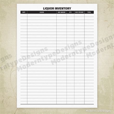 Liquor Inventory Form Printable