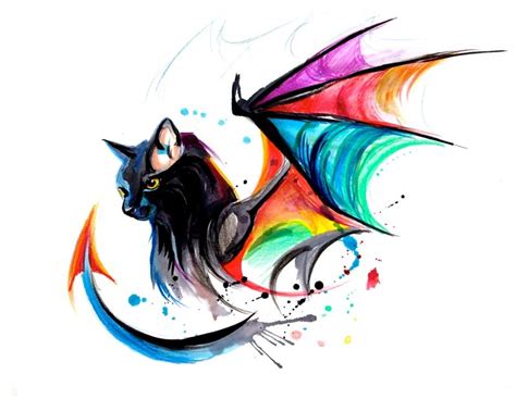 Good black cat with dragon rainbow wings and tail tattoo design ...