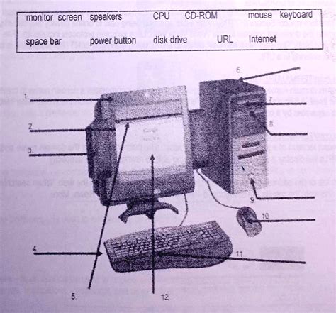 Label the parts of the computer: - Monitor - Screen - Speakers - CPU - CD-ROM - Mouse - Keyboard ...