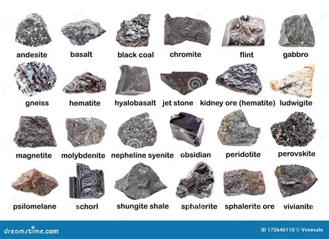 Set of Various Dark Unpolished Rocks with Names Stock Photo - Image of ...