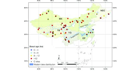 Map of study region and lake sites in China. The dot color indicates... | Download Scientific ...