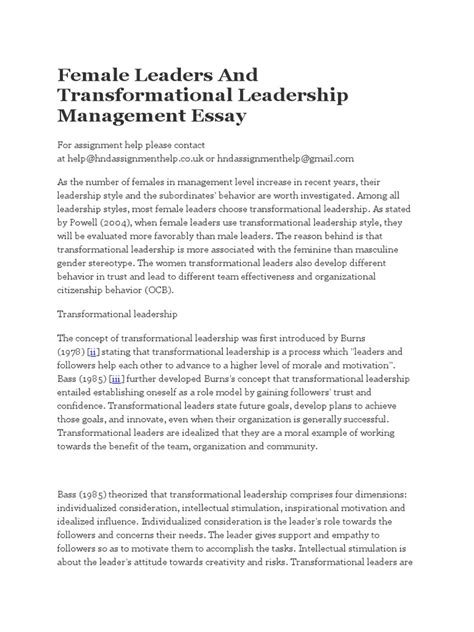 Female Leaders and Transformational Leadership Management Essay ...