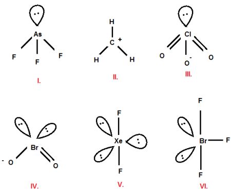 Predict the electron-domain geometry of: AsF_3, CH_3^+, BrF_3, ClO_3^-, XeF_2, BrO_2 ...