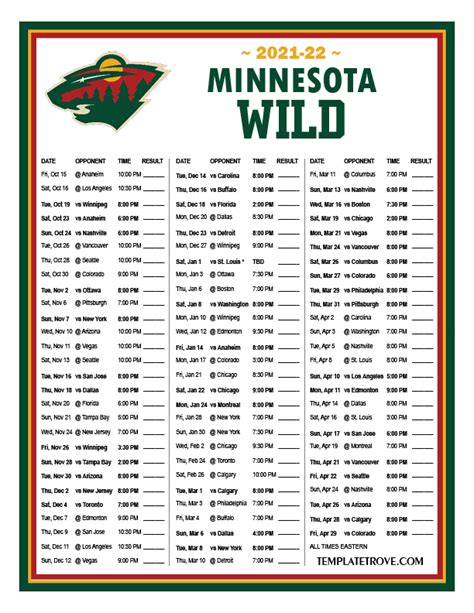 Wild Hockey Schedule Printable