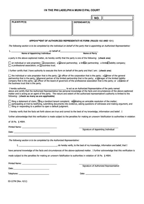 Fillable Appointment Of Authorized Representative Form (Rules 102 And ...