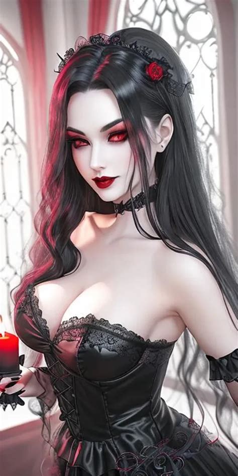 A goth vampire girl with black lace dress, ((pale sk...