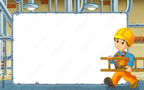 cartoon scene with builder working in the basement - with frame - space ...