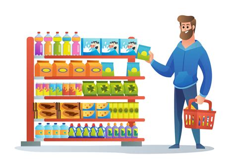 Happy man shopping at supermarket cartoon illustration 6511539 Vector Art at Vecteezy