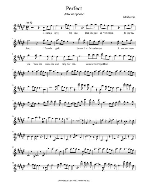 Perfect Ed Sheeran A major Alto saxophone Sheet music for Saxophone (Alto) (Solo) | Musescore.com