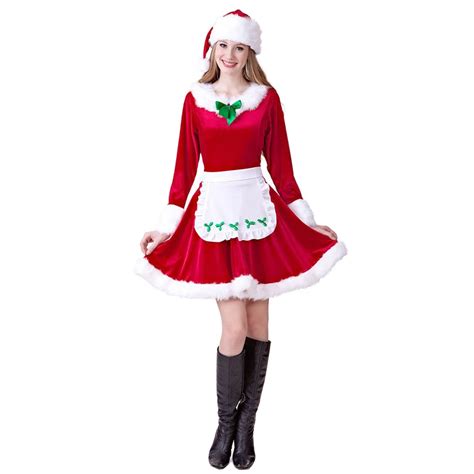 Girls Christmas Maid Costumes Women Merry Christmas Mrs Santa Claus Red ...