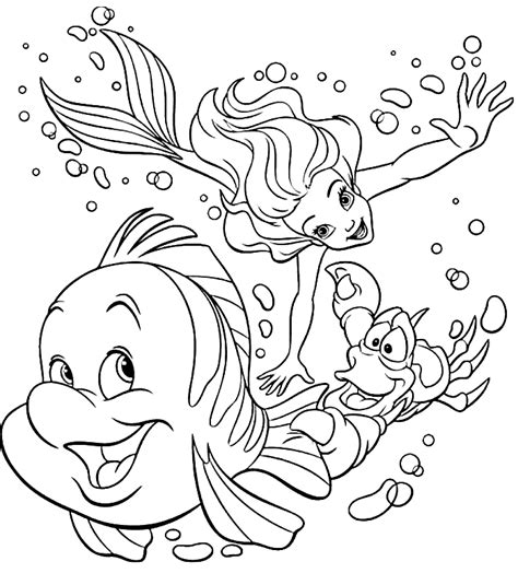 Ariel, Sebastian and Flounder Coloring Page - Free Printable Coloring Pages