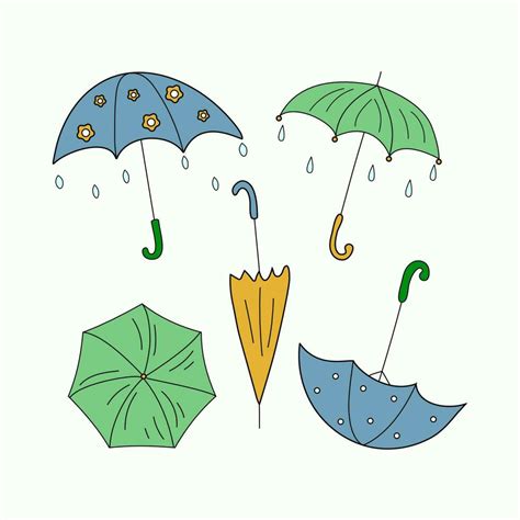 Set of drawings of umbrellas. Bright umbrella and raindrops. The rainy ...