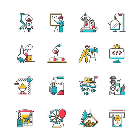 Industry types color icons set. Goods and services production. Technology development. Human ...