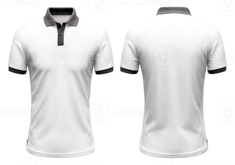 White polo t-shirt mockup design with black collar, front and back view. isolated on transparent ...