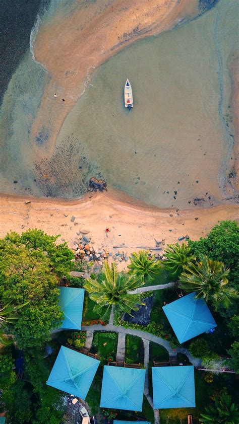 An aerial view of a beach with blue umbrellas photo – Free Nature Image on Unsplash