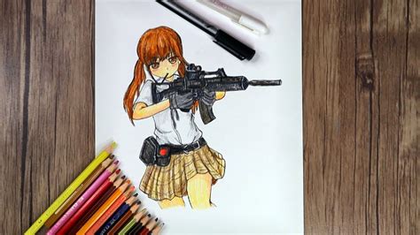 How to Draw an Anime Girl with a Gun | Anime Drawing with Colored Pencils - YouTube