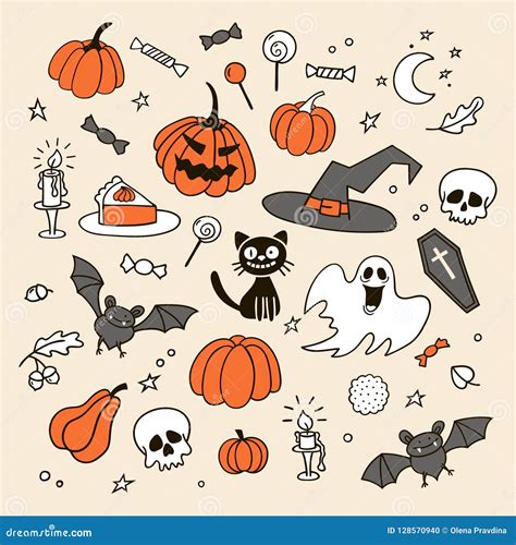 Set of Halloween doodles. stock vector. Illustration of halloween - 128570940