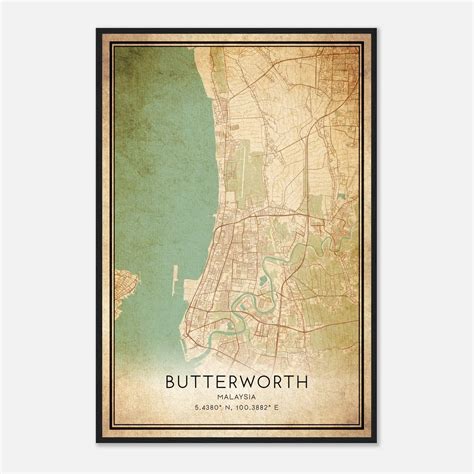 Vintage Butterworth Malaysia Map Poster, Butterworth City Road Wall Art ...