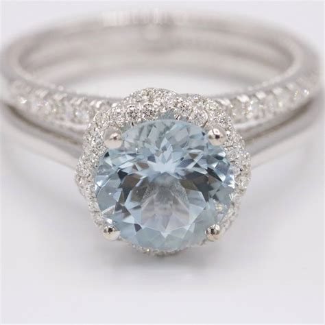 2 carat Aquamarine Engagement Rings Set with Double Diamond Rope Halo