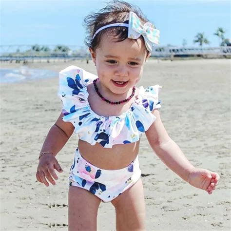 Children Kids baby girl swimwear Bikini Beach Flower Swimsuit+Shorts Swimwear Set Outfit kids ...