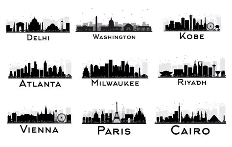 Set of City Skyline Black and White Silhouette. 10795441 Vector Art at Vecteezy