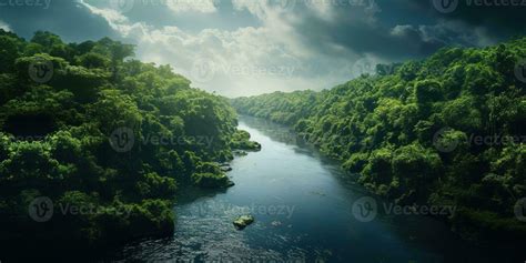 Generative AI, green beautiful amazonian jungle landscape with trees and river, drone view ...