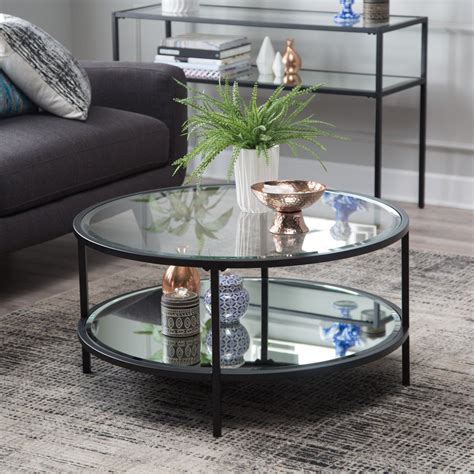 Contemporary Glam Metal Glass Modern Round Black Coffee Table w/ Shelf ...