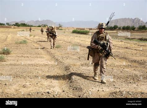 Marines with Bravo Company, 1st Battalion, 7th Marine Regiment, conduct a security patrol during ...