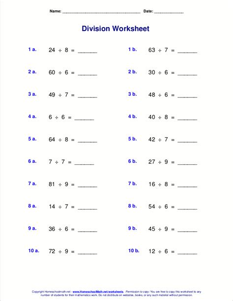 Worksheets for basic division facts (grades 3-4)